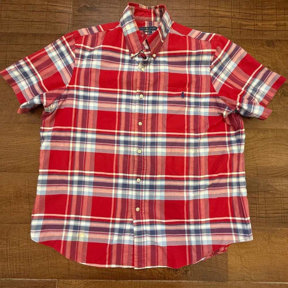 Polo Ralph Lauren Button Down Mens XL Red Plaid Short Sleeve Classic Fit Shirt